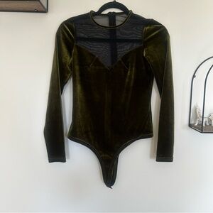 Green Velvet Mesh Long Sleeve Bodysuit Size Medium